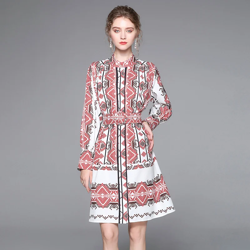 

2022 Spring Summer Multicolor Flower Print Dress Women Stand Collar Long Sleeve Single Breasted Vintage Elegant Party Vestidos