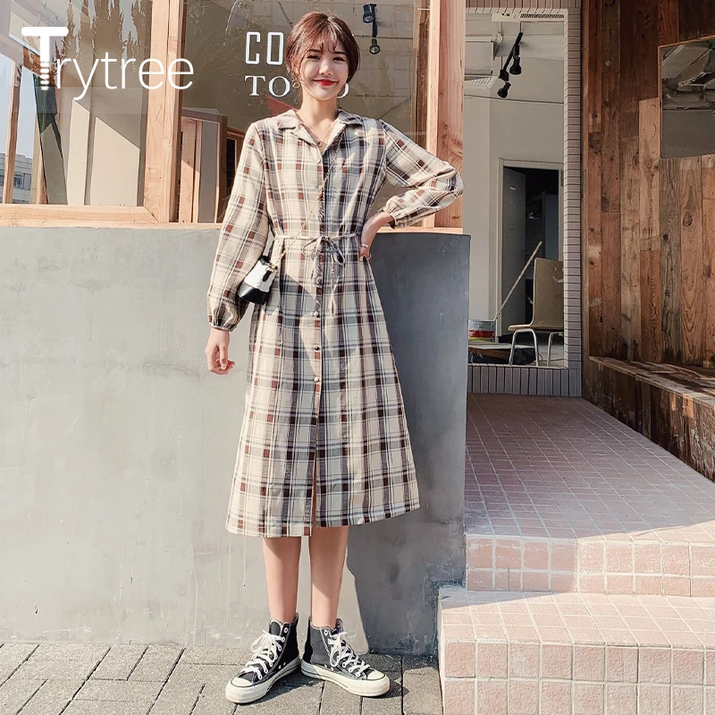 Весеннее женское платье Trytree 2020 повседневное однобортное клетчатое