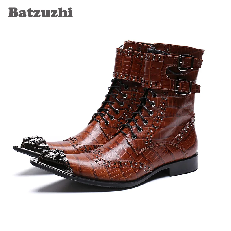 

Batzuzhi Western Cowboy Men Boots Ankle Black/Brown Genuine Leather Boots Men Pointed Iron Toe Military Motorcycle Botas Hombre