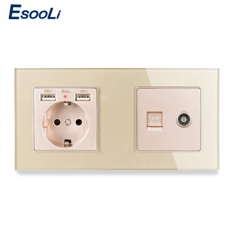 

Esooli Crystal Glass Panel EU Standard Electric Socket with 2 USB + 1 Gang RJ11 Telephone and Female TV Jack Connector 172*86mm