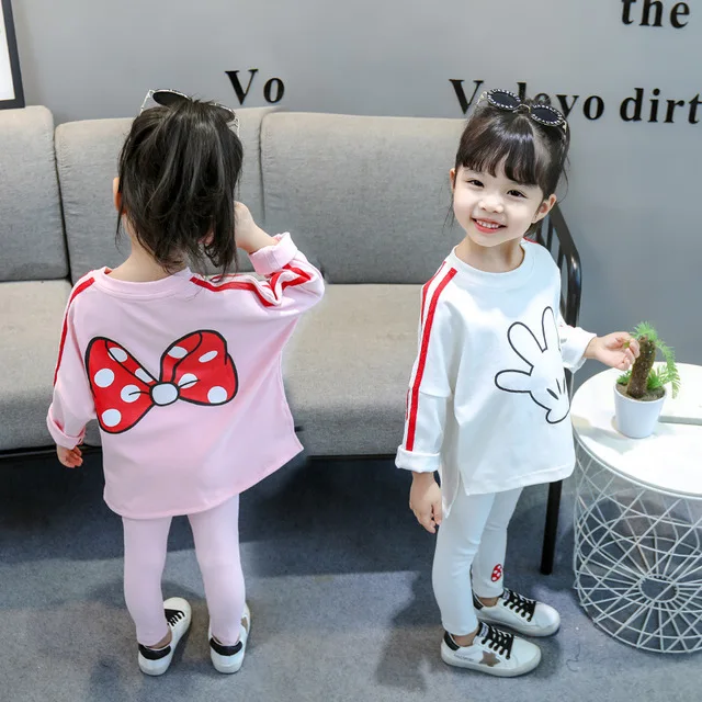 Весенняя детская одежда изысканный комплект с бантом мультяшный Топ длинным