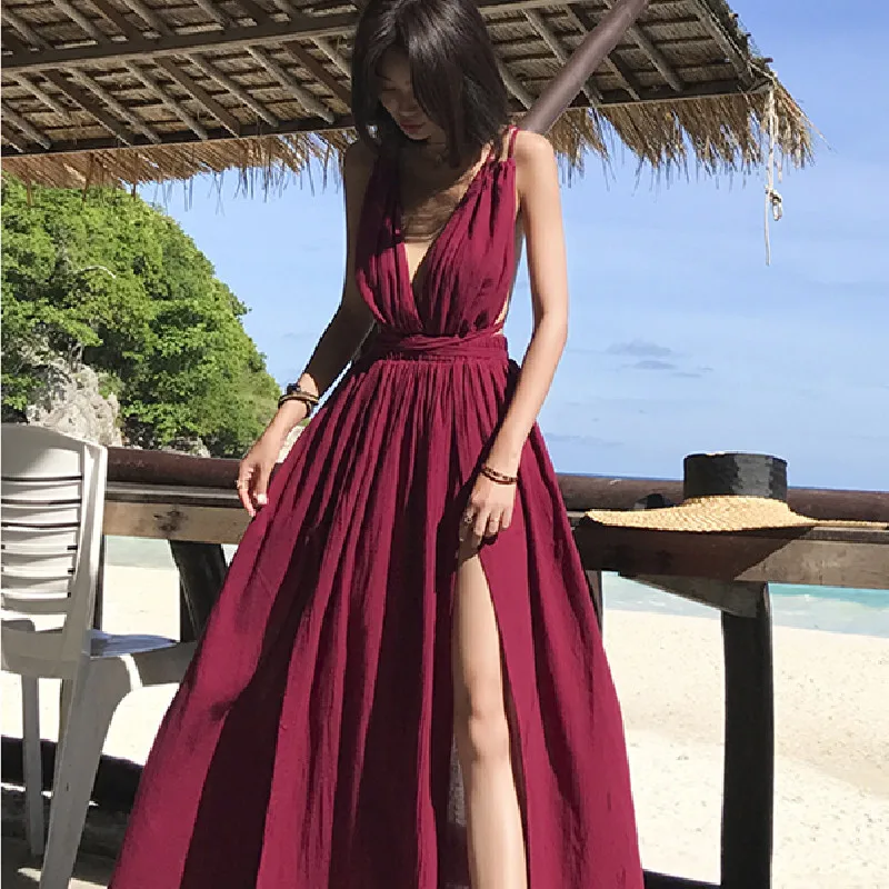 

Summer Sling Split V-Neck Wine Red Open Back Beach Dress Woman 2021 New Fashion European American Style Sexy Long Skirt Female