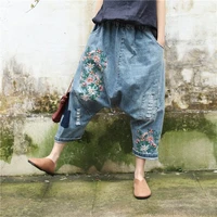 elastic waist floral embroidery hip hop style oversized denim pants womens denim pants baggy jeans capris pants female jeans
