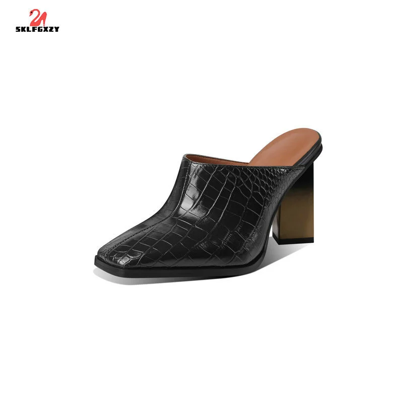 

SKLFGXZY, 2021 г., новый стиль, европейский бренд, женская обувь, кожаные тапочки на высоком каблуке, модные тапочки, Женская Классическая обувь