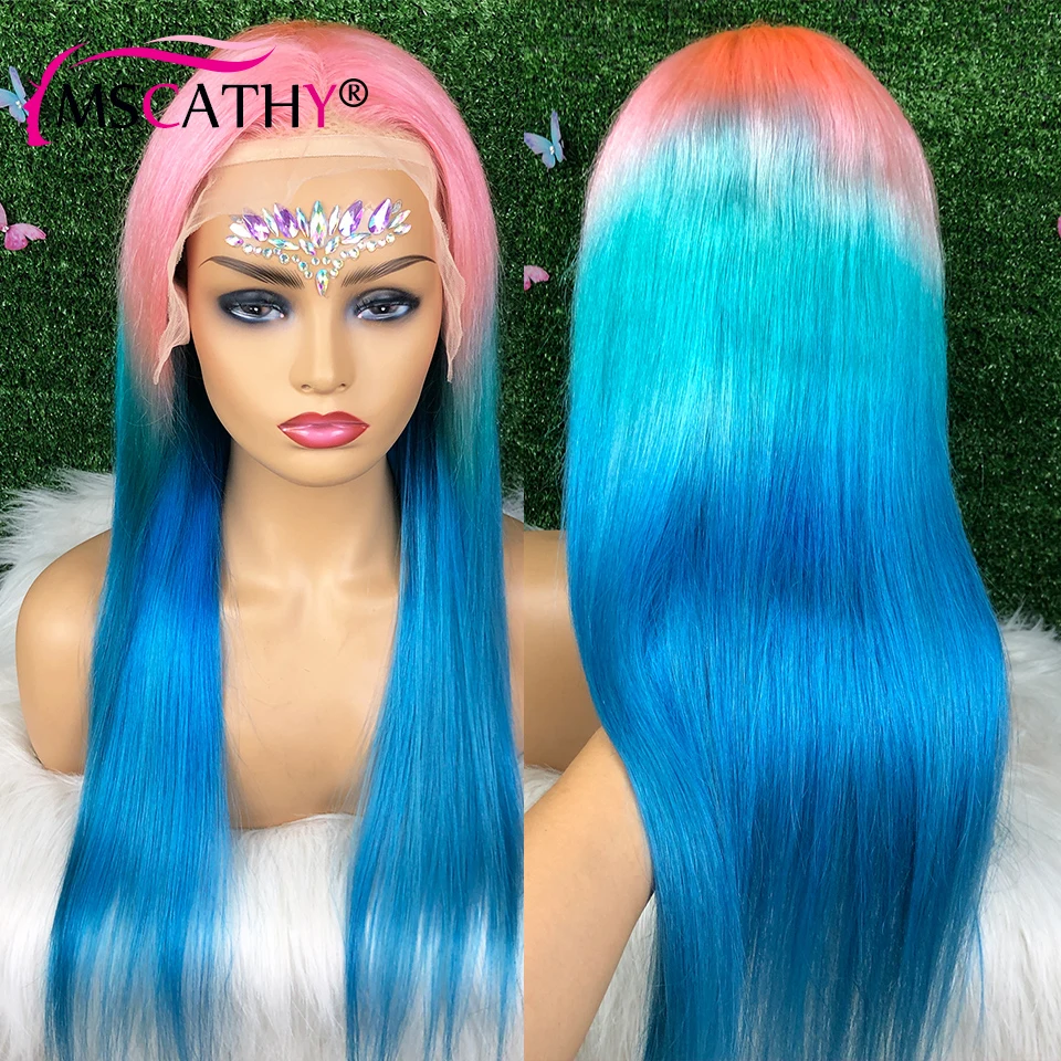 

Silk Straight Lace Front Wig Pink Bule TwoTone Color HD Lace Frontal Wigs Natural Hairline Pre Plucked Wigs For Women Human Hair