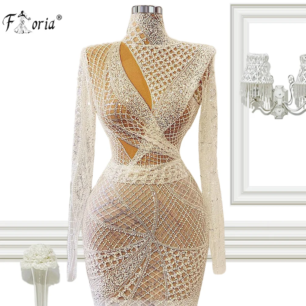 

Elegant White Nude Diamond Beading Mermaid Evening Dress 2021 Dubai Luxury High Neck Long Sleeves Formal Party Gown