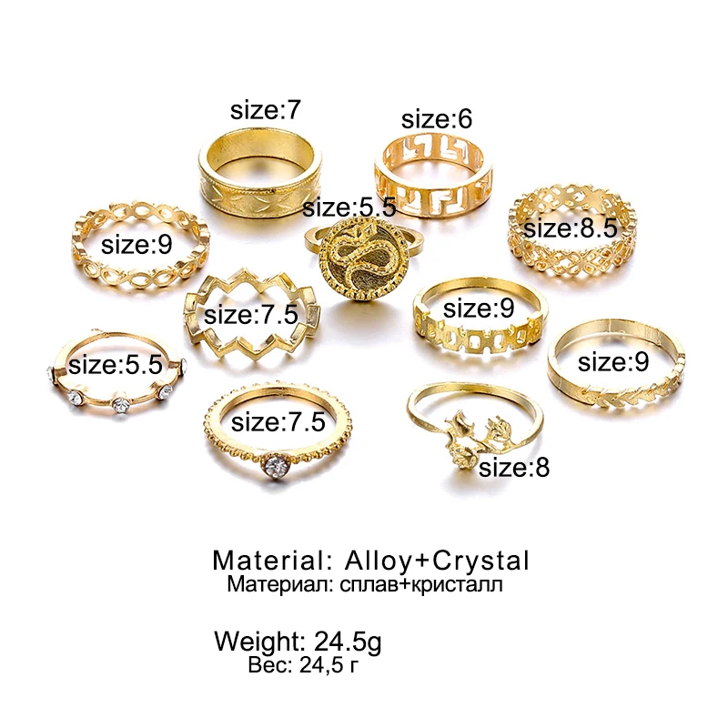 

IFMIA Vintage Retro Knuckle Rings Gold for Women Geometric Flower Snake Hand Crystal Ring Set Party Bohemian Jewelry 11 PCS/Set