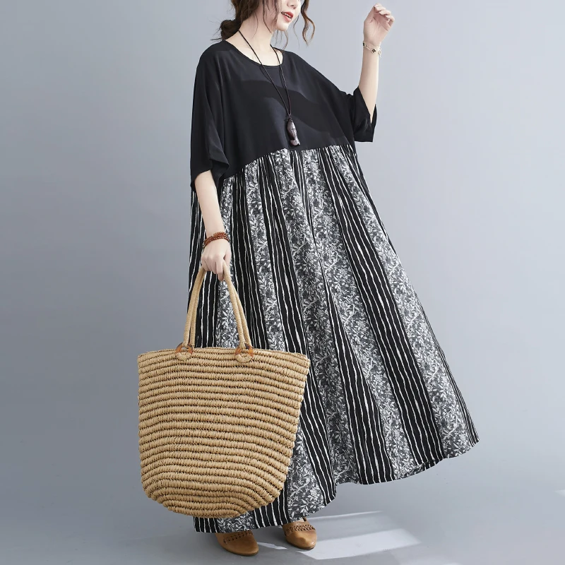 

2021 Vintage Short Sleeve Holiday Dress Plus Size Patchwork Dress Bohemian Robe Femme Vestido E301