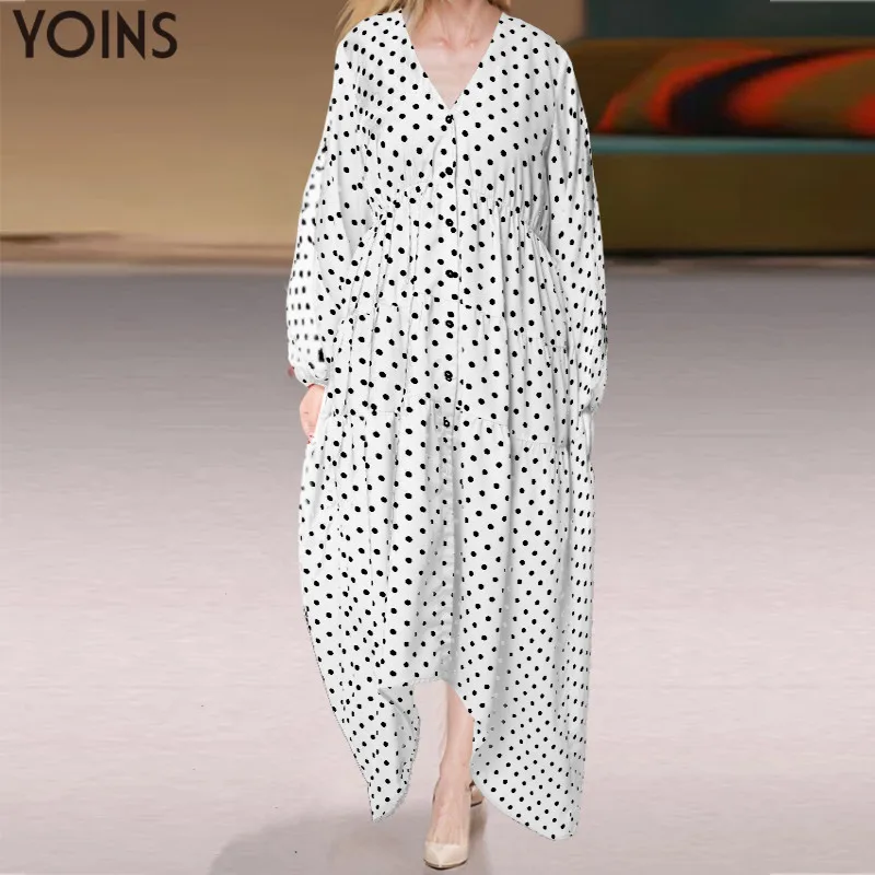 YOINS женское осеннее длинное платье в горошек повседневное рукав фонарик