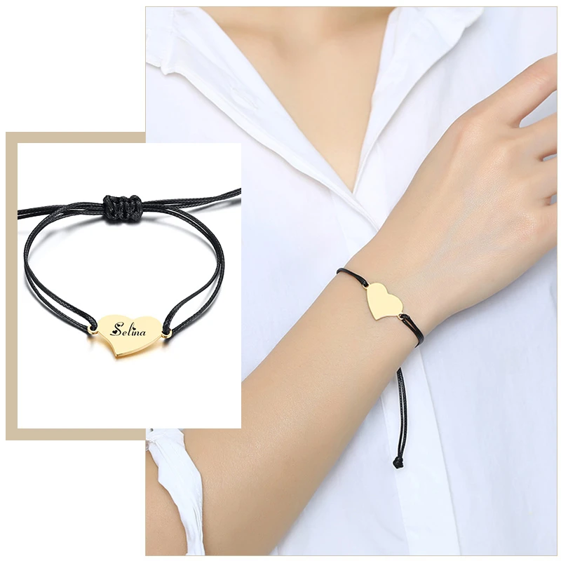 

Casual Handmade Braided Rope Chain Bracelets for Women Custom Engrave Heart Tag Stainless Steel Jewelry