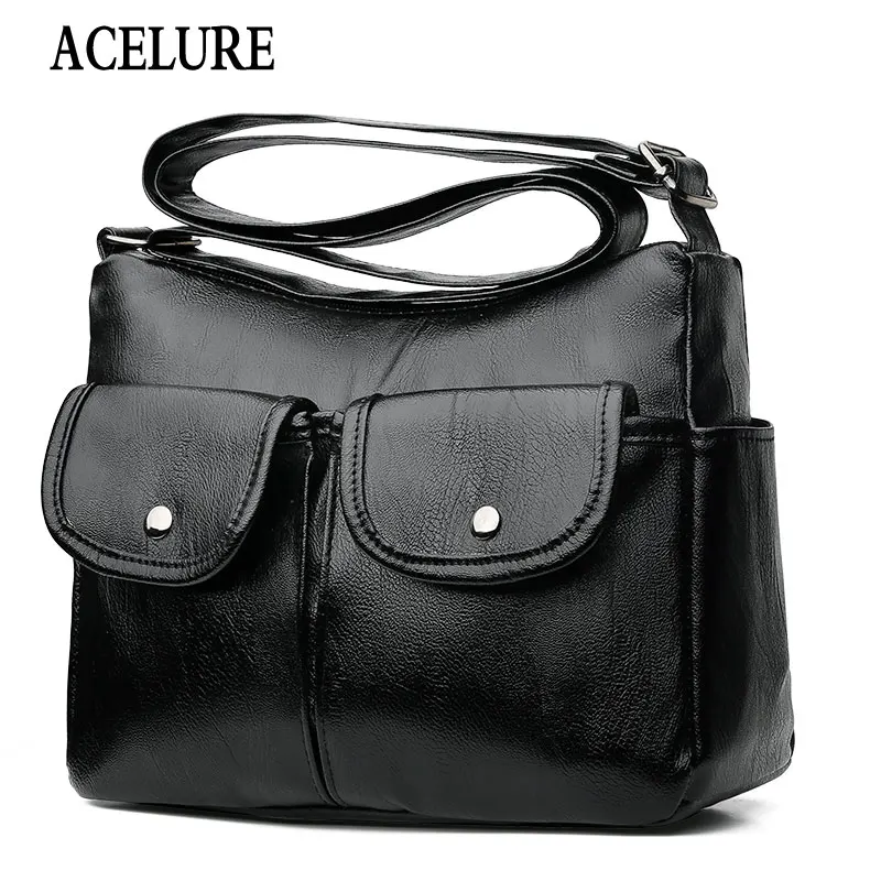 

ACELURE Soft Black PU Leather Messenger Shopping Bags Ladies Handbag Casual Fashion Solid Color Shoulder Crossbody Bag for Women
