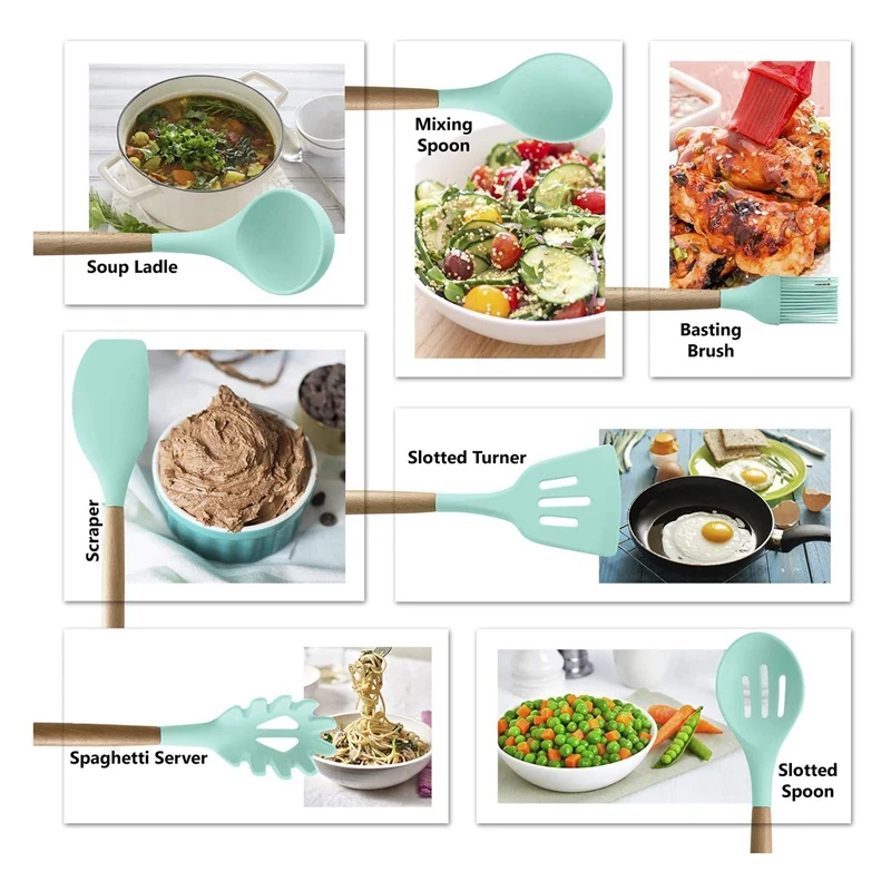 Kitchen Utensils Silicone Wooden Handle Non-Stick Cookware Heat-Resistant Spatula Spoon Tool Set | Дом и сад