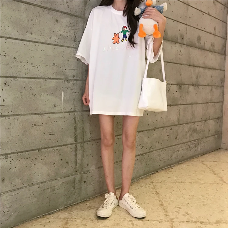 

YTX1356 Summer Korean version 2021 new loose mid-length reflective letter printing large white short-sleeved T-shirt