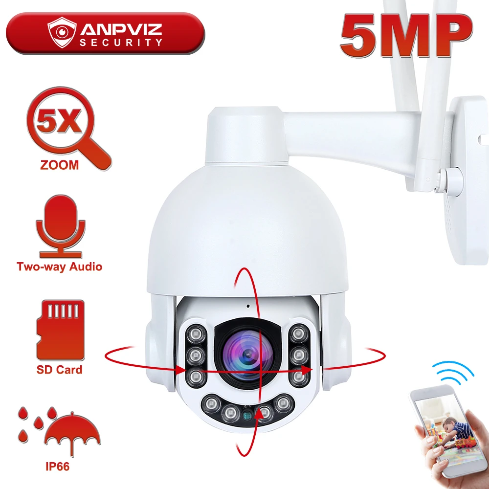 

IP-камера Anpviz, 5 МП, Wi-Fi, PTZ, 5-кратный зум, наружная беспроводная камера видеонаблюдения, двустороннее аудио, встроенный микрофон/динамик, 60 м, И...