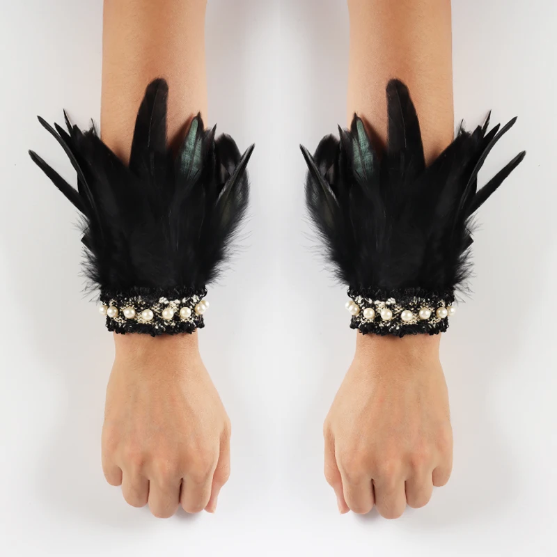 Feather Wrist Cuffs Natural Dyed Rooster Arm Warmers Halloween Party Cosplay Accessories Gloves Dance Clubwear |
