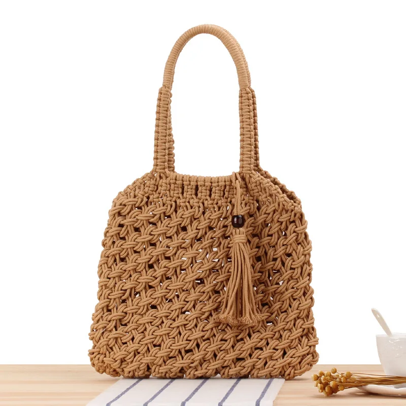 

New Solid Color Hand-woven Hand-woven Bag Tide Female Forest Cotton Rope Leisure Beach Bag Straw Woven Bag