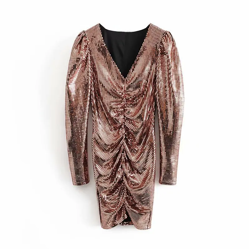 Женское Плиссированное мини платье с блестками Осеннее облегающее v образным