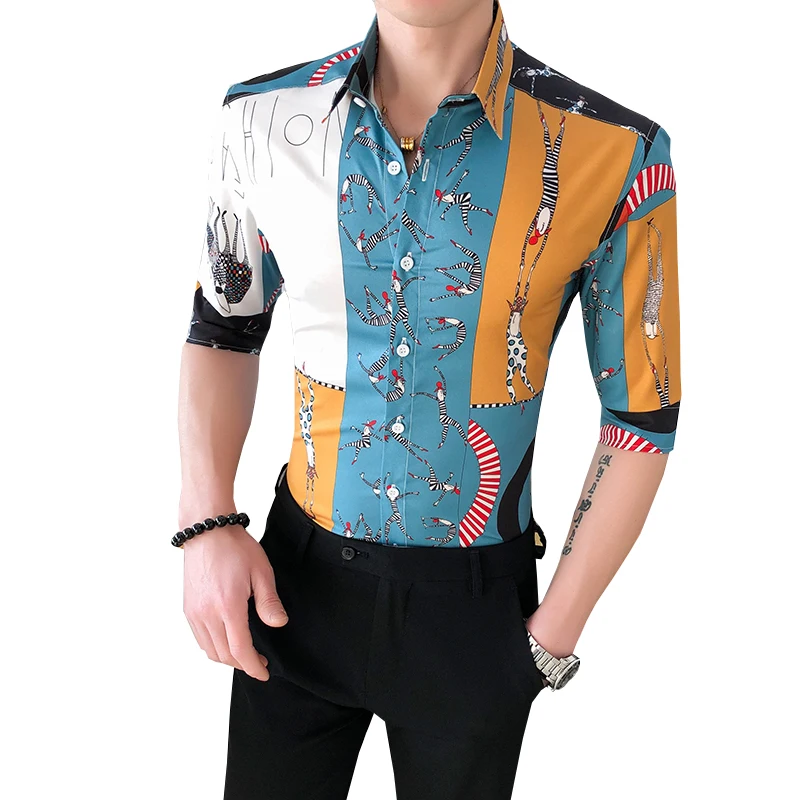 

British Style Personality pinting Younth Popular Half Sleeve Shirt Summer High-Quality Polyester Fashion Luxury Men Shirt M-XXXL