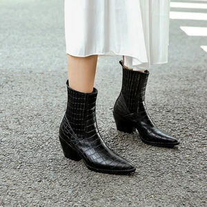 Ботинки женские ковбойские из искусственной кожи с тиснением, с острым носком