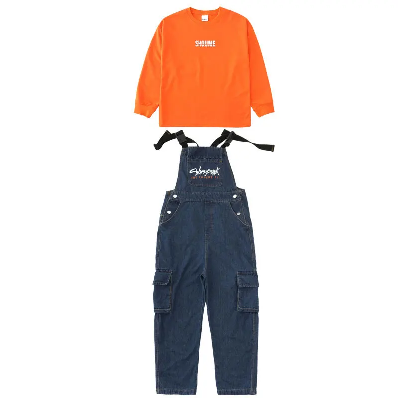 

Kids Fashion Loose Hip Hop Clothing Sweatshirt Tops Denim Blue Bib Pants for Girls Boys Jazz Dance Costumes Dancing Clothes Wear