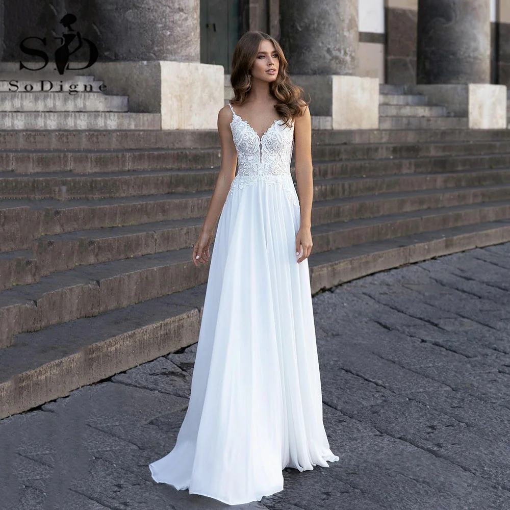 Купи SoDigne Beach Wedding Dresses Sexy Deep V-neck Backless Bride Dress Long Boho White Simple Wedding Gowns Custom Made за 4,967 рублей в магазине AliExpress