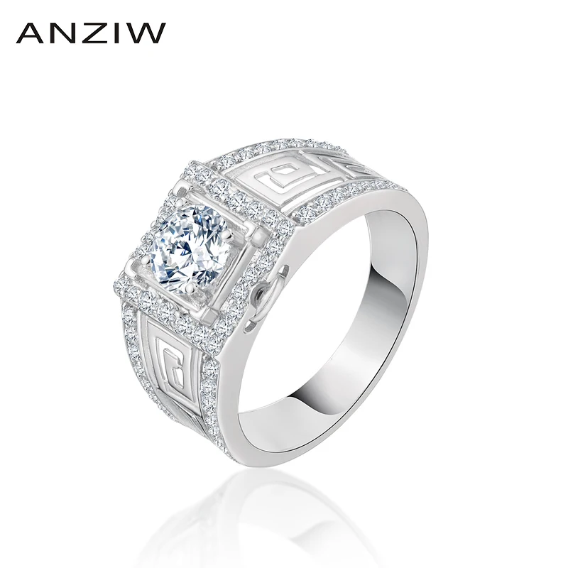 

ANZIW Fashion 925 Sterling Silver Men Wedding Engagement Ring 1ct Halo Round Cut Square Male Silver Anniversary Party Rings