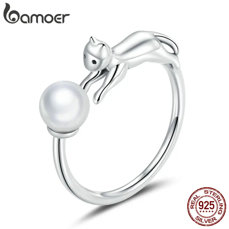 Bamoer Настоящее серебро 925 кольца озорной кот с шариком открытые на палец для женщин ракушка жемчуг свободный