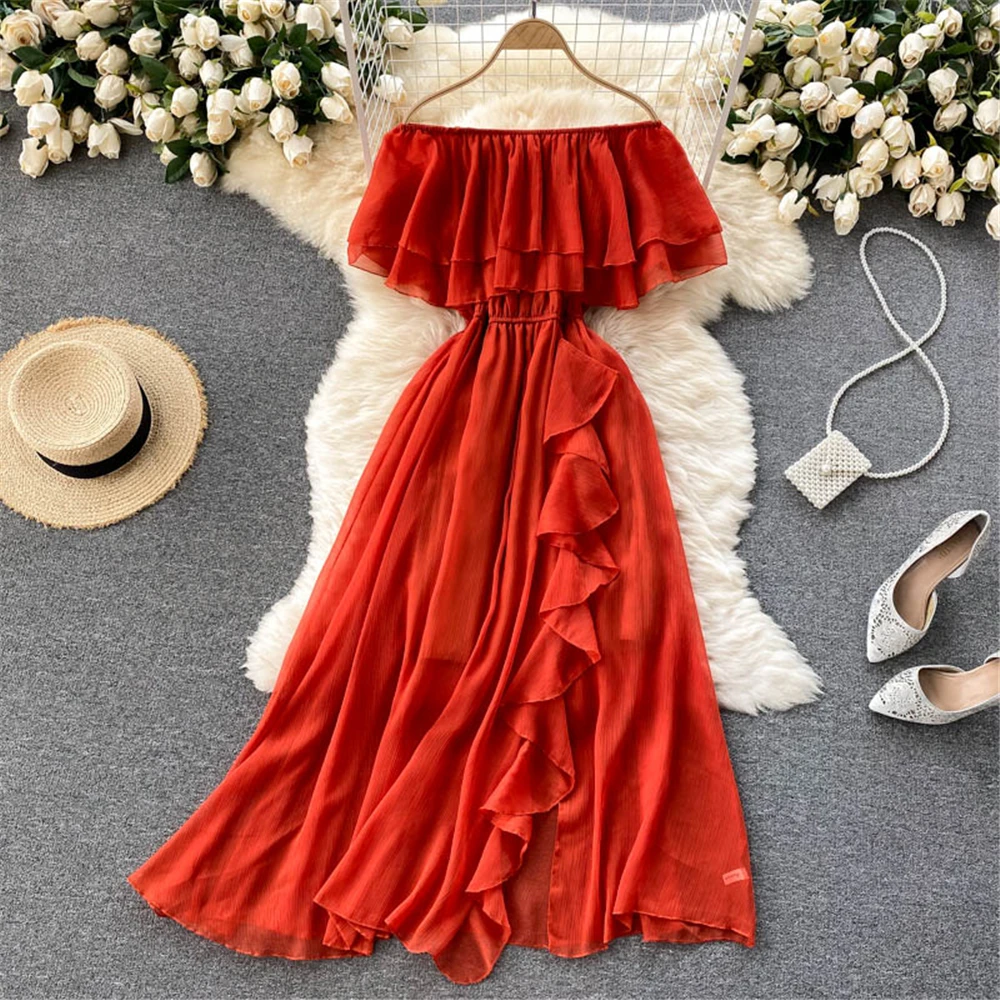 

Women's Beach Summer Dress One Shoulder High Waist Chiffon Dresses Holiday Elegant Ladies Robe Fashion Vestidos Female Clothes