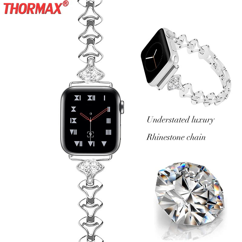 Браслет из нержавеющей стали для apple watch band Series 5 4 3 Женский бриллиантовый ремешок
