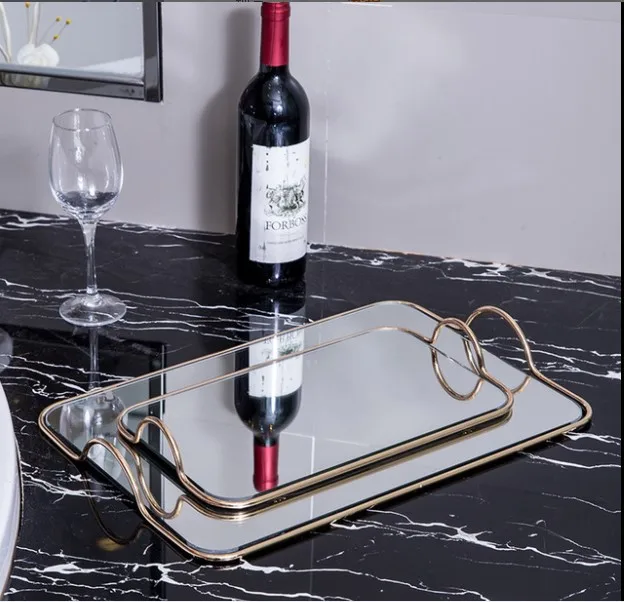 

Golden Mirror Binaural Decorative Tray Simple Style Home Accessories Decoration Cosmetics Jewelry Storage Tray Serving Trays