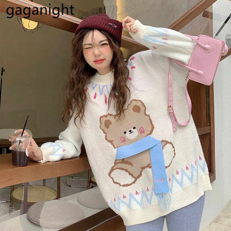 

Gaganight, женский свитер с медведем, новинка 2021, осень и зима, милая верхняя одежда в японском стиле, свободные вязаные топы с длинными рукавами