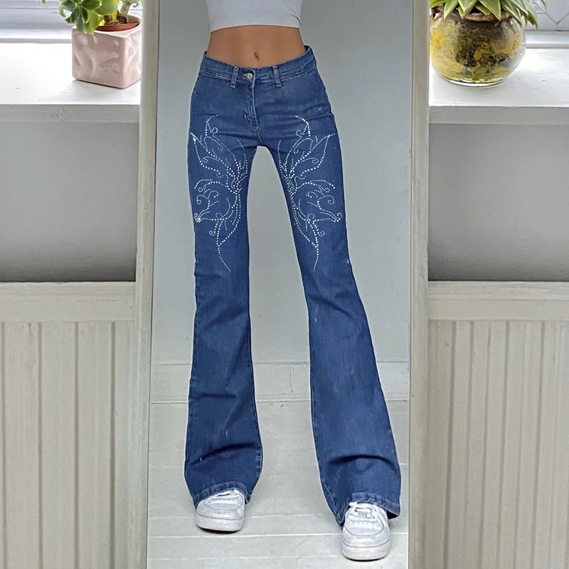 

Butterfly Rhinestone Printed Flared Jeans Women Y2K Low Waist Retro Pants Harajuku Baggy Jeans Trouser Cute Streetwear Pants