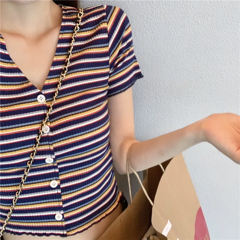 Футболка в полоску короткий топ для похудения с открытым пупком шикарный