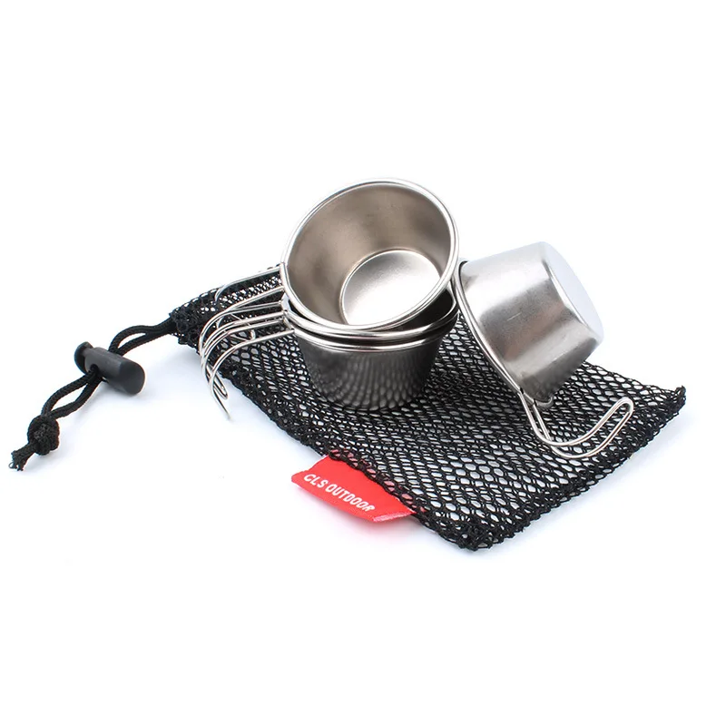 

4pcs Outdoor 304 Stainless Steel Mini Wine Cup Portable Water 50ml + Mesh Bag Camp Camping Cookware Mug