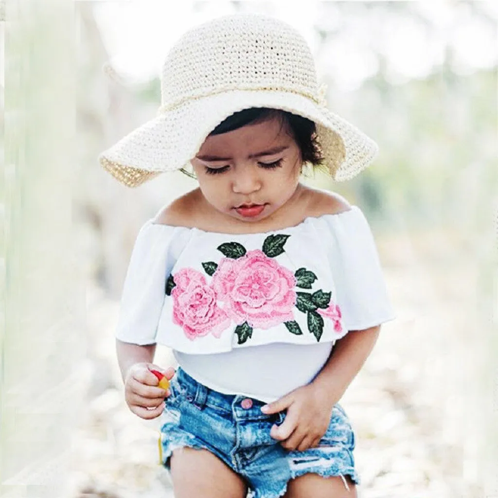 Летняя одежда для девочек топы с розами и открытыми плечами маленьких + джинсовые