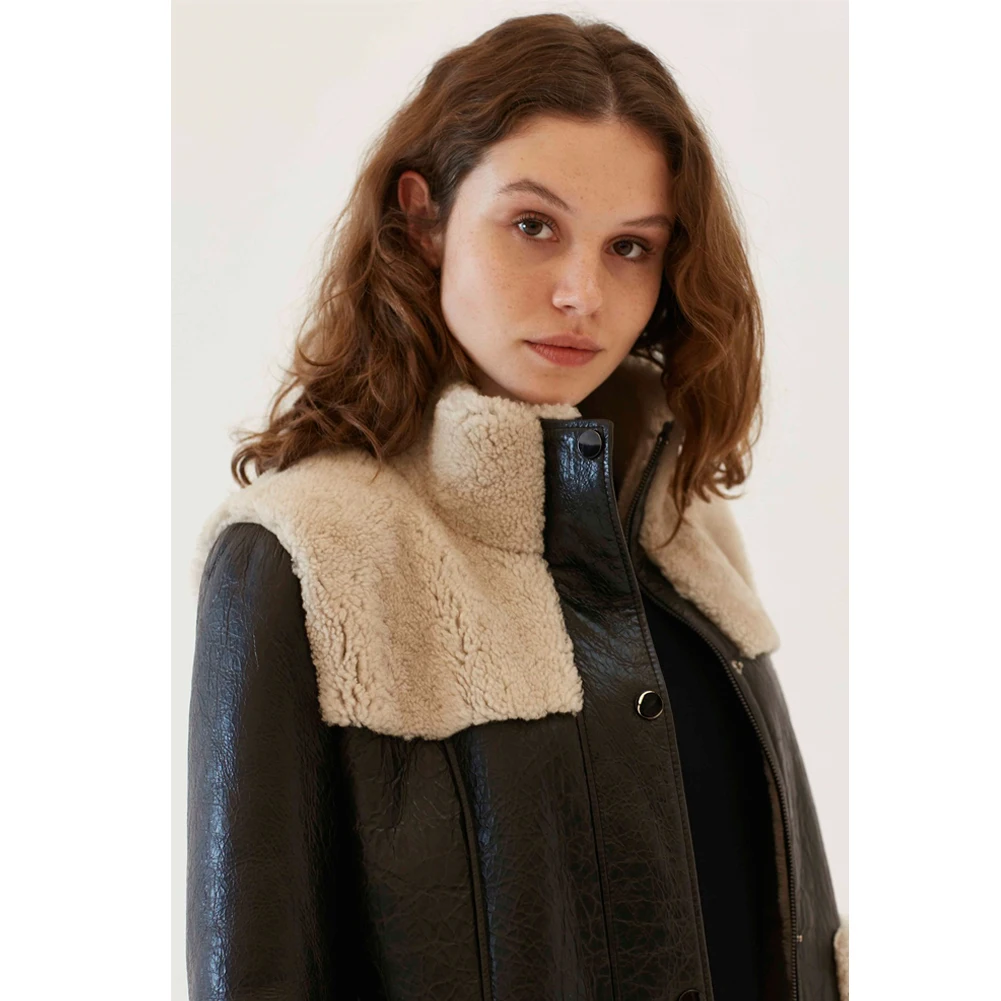 Womens Chestnut Shearling Jacket Turkey Wool Coat Casual Leather Jacket Long Fur Coat Trench Coat Women