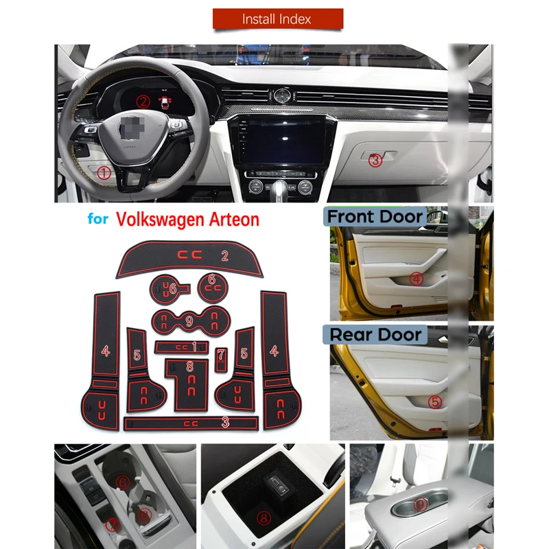 Нескользящий Резиновый коврик с прорезями для ворот и чашек Volkswagen VW Arteon Passat CC 2017