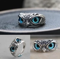 creative fashion blue cats eye owl ring for women men unique cute animal silver ring punk hip hop party anniversary ring gift