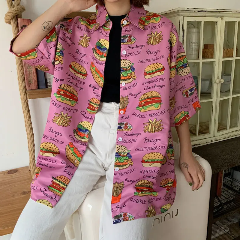 

Рубашка-поло женская с принтом, уличная одежда в японском стиле Харадзюку, свободная одежда в Корейском стиле для пары девушек, куртка оверс...