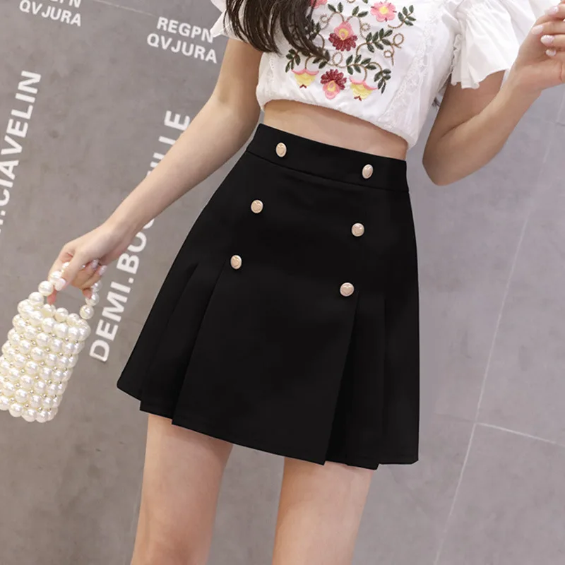 

Double Breasted Korean Chiffon Pleated Skirt Women For Summer High Waist A-line Mini Skirt Women Slim Hip Skirts Womens