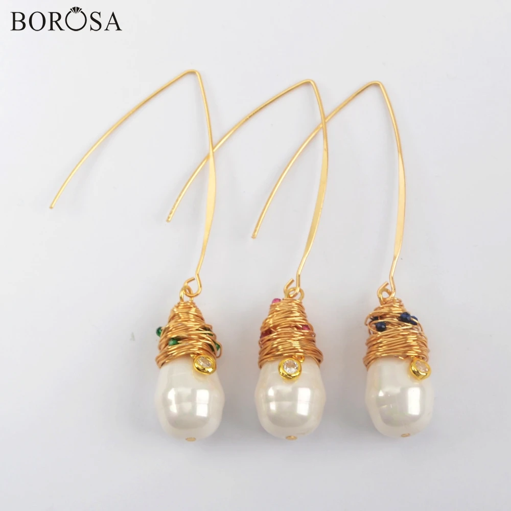 

BOROSA 5Pairs Natural Pearl Dangle Earrings Baroque Wire Wrap Zircon Earrings Water Drop Earrings Jewelry for Women WX1274-E