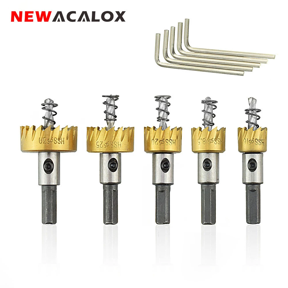 NEWACALOX 5 шт./компл. 16-30 мм набор корончатых Сверл Из наконечник Сверла по металлу Титан отверстия для бутылок набор кольцевая пила Резак из быстрорежущей инструментальной стали для обработки металла дерево сверления отверстий