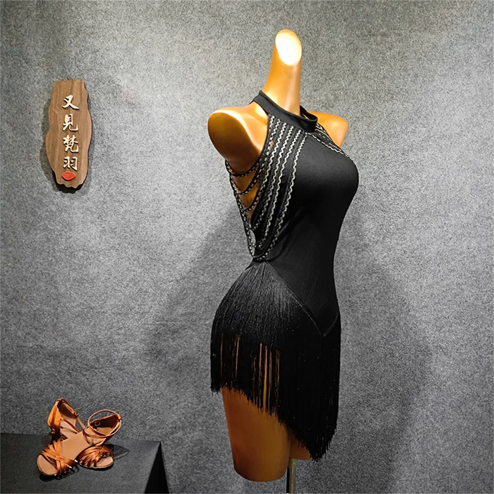 

Sexy Backless Dress Latin Dance Performance For Women Fringed Black Chacha Tango Costumes