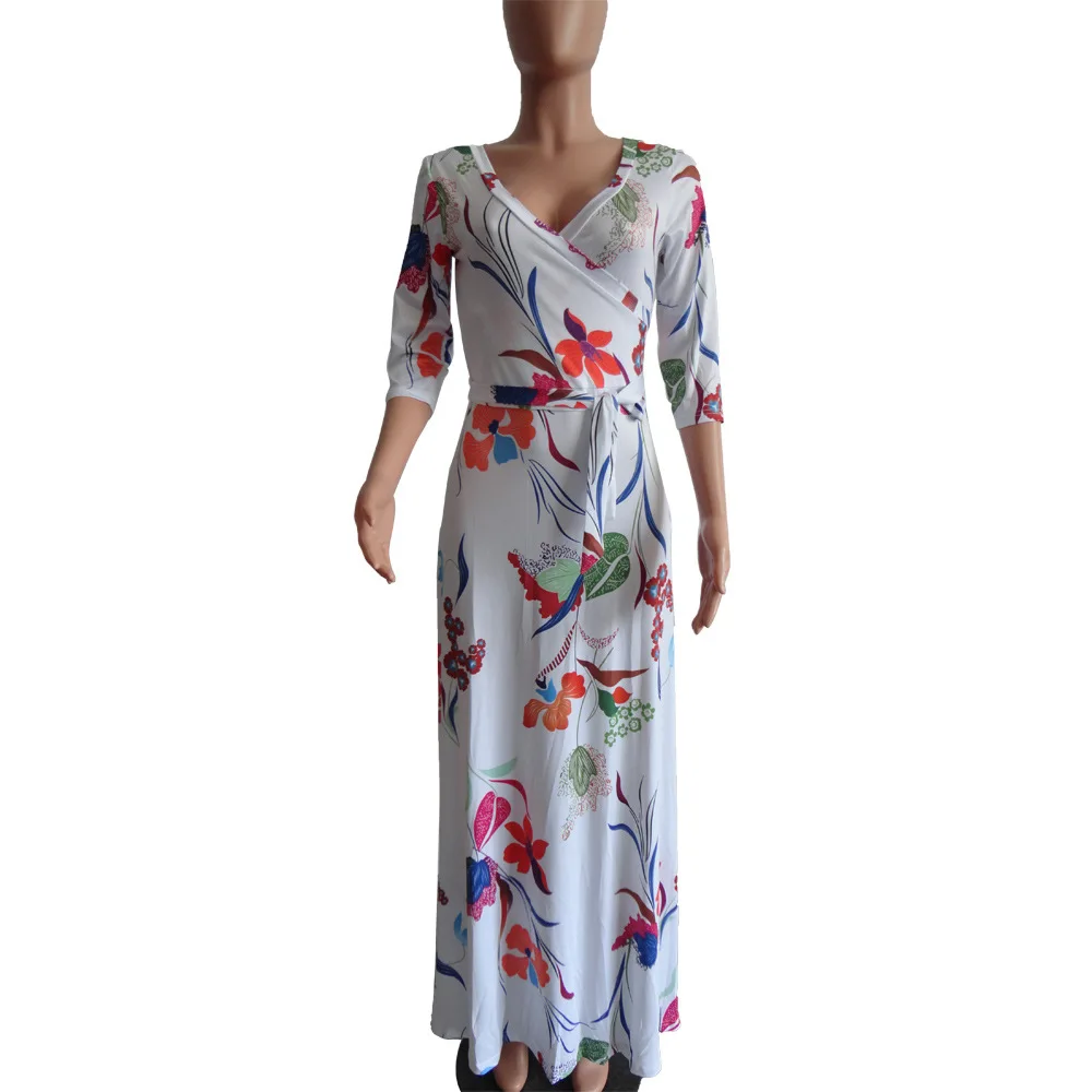 HAOOHU весенне-летнее женское платье, сексуальные платья для вечеринок, Vestidos размера плюс, с перекрестным v-образным вырезом, с принтом, Бандажное, с большим подолом, свободное Макси платье