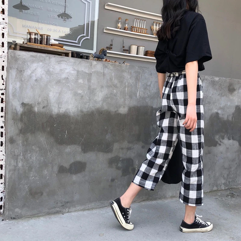 

and Women Checkerboard Black New White Plaid Pants With Sashes for Ladies High Waist Wide Leg Pants Casual Fashion Pantalon C 33