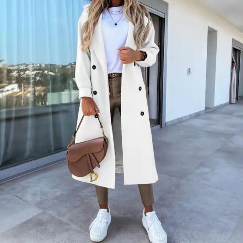 

2021 Autumn Winter Long Sleeve Double-breasted Suit Collar Temperament Woolen Coat Women Casual Fashion Black Coat