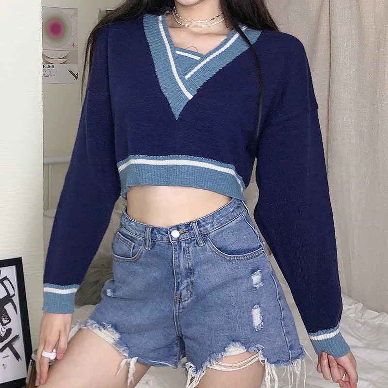 

Women's Fall Korean Contrast Color Blue Sweater Sliding Shoulder Long Sleeve Sweater Preppy Style Loose Pullover Tops Knitwear