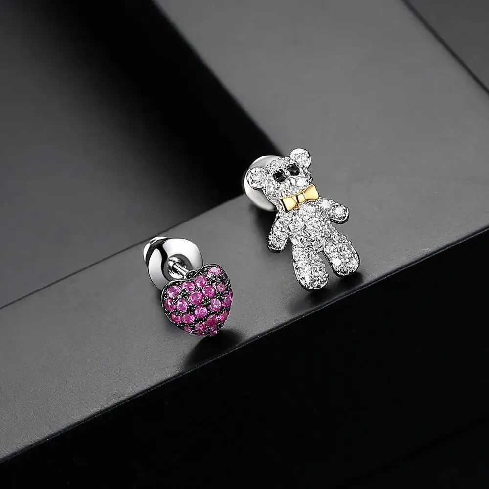 Крошечные модные серьги с кубическим цирконием и кристаллом медведя сердцем