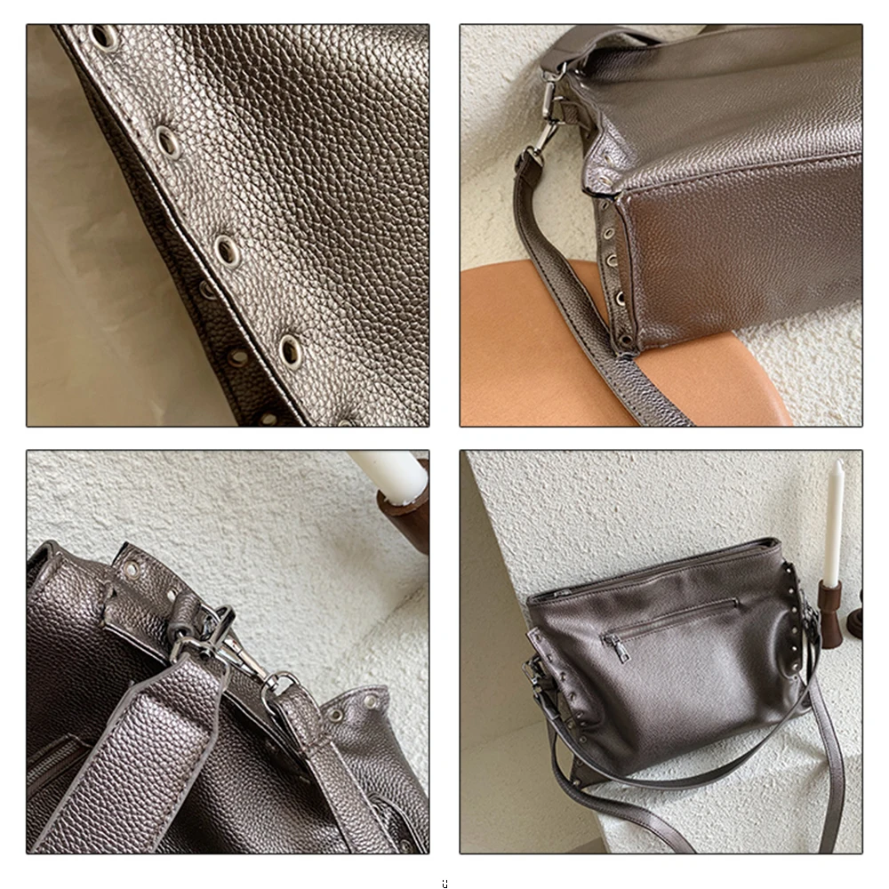 Осенняя Женская Сумка Хобо с заклепками большая женская сумка через плечо