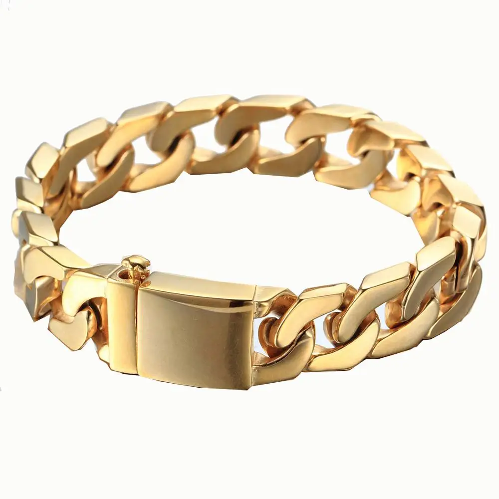 

Granny Chic Men Chain Polished Gold/Silver Color Bracelet 316L Stainless Steel Cut Curb Cuban Link 12mm Wide Jewelry